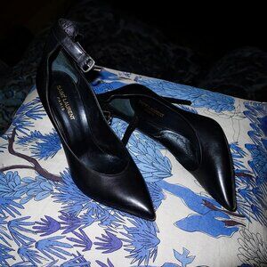 Saint Laurent Seta Calfskin Astra Paris Black Ankle Strap Pumps - FR 39/US 8.5